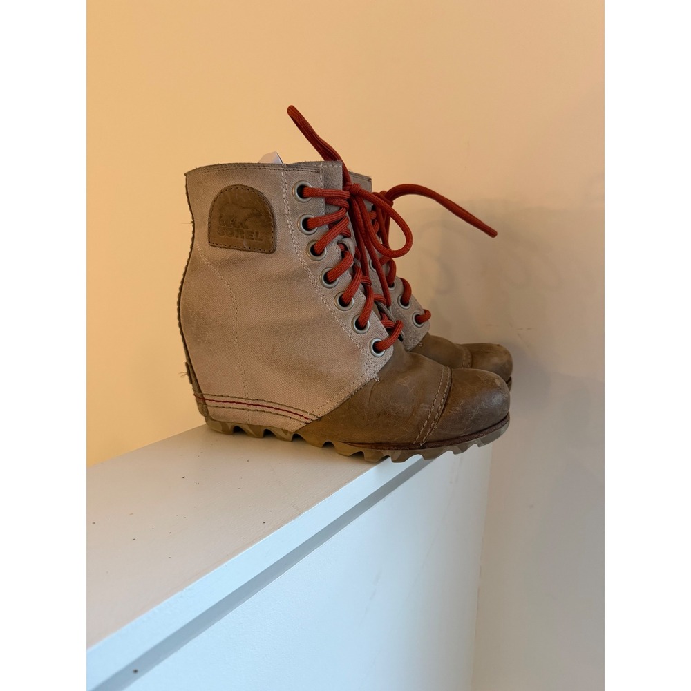 Sorel Lea Wedge Booties Women's 6 Tan Brown Good Lace Up Canvas Leather LL5214